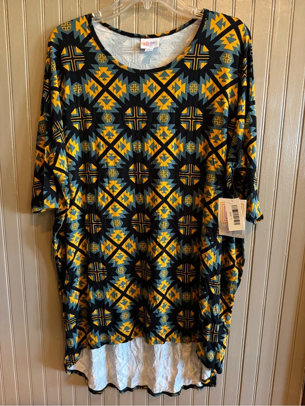 NWT LuLaRoe Irma Geometric Print top in Teal and Mustard large